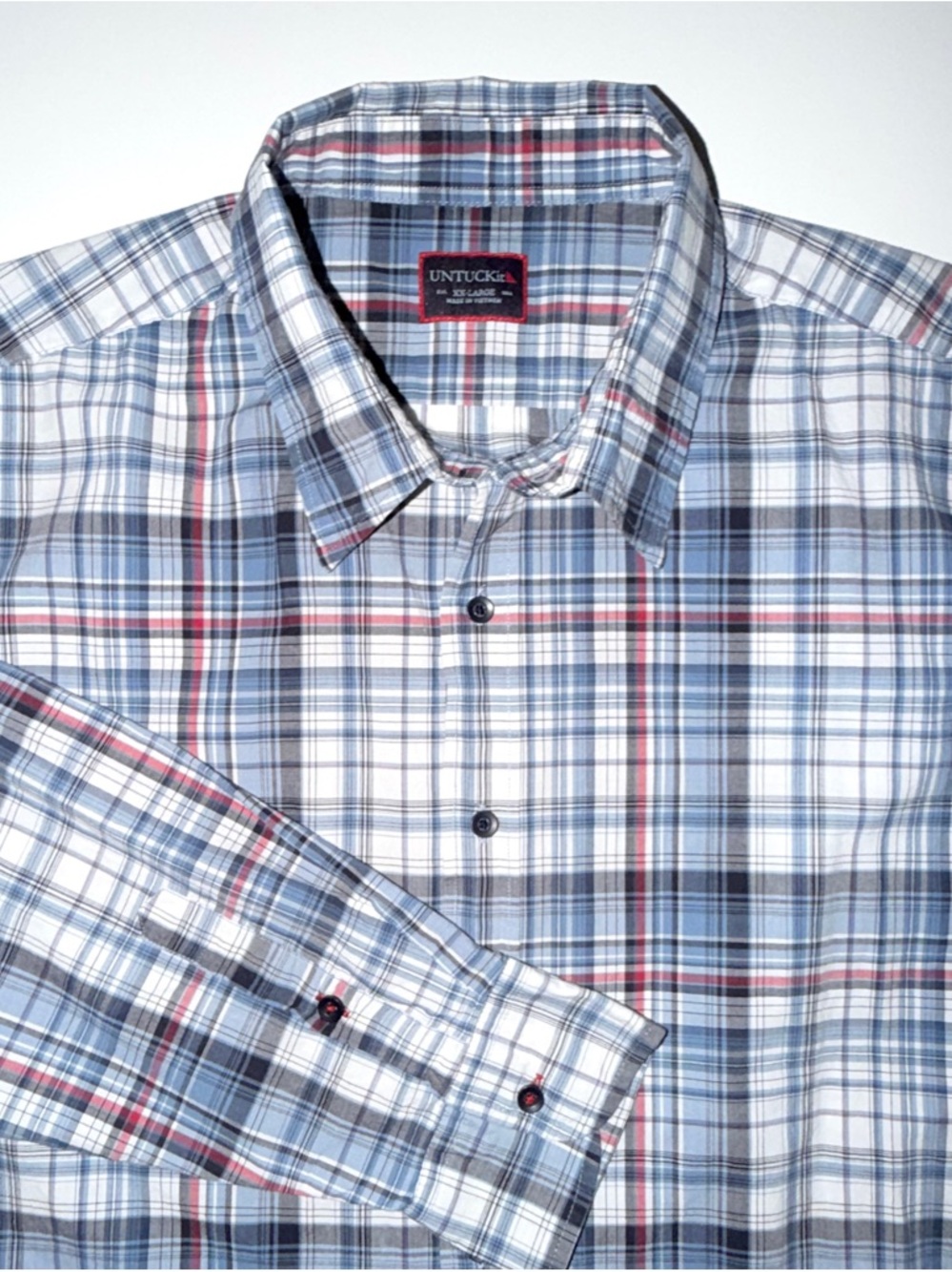 UNTUCKit Shirt Blue Plaid Button Front Long Sleeve Collar Stays Mens 2XL XXL